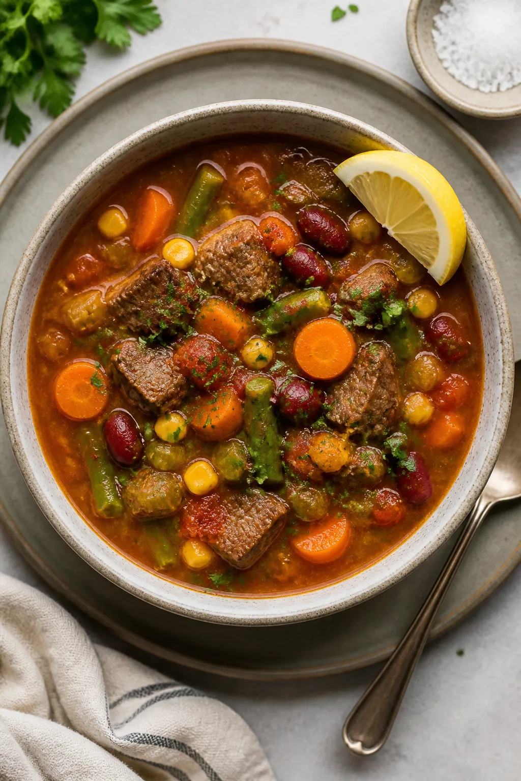 Tasty top view: Overhead shot of a deep bowl filled with the finished Crockpot Protein-Packed Vegeta
