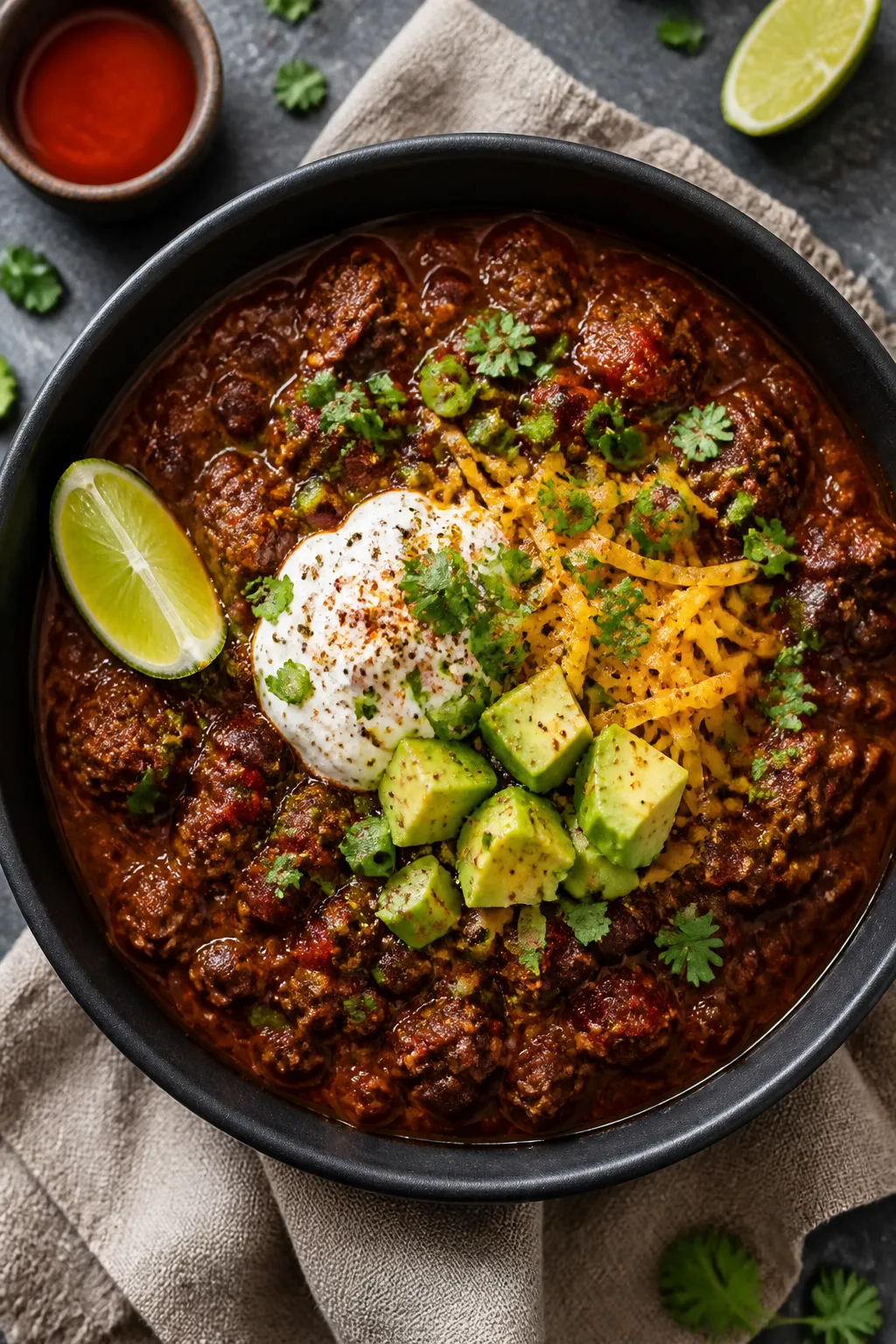 Tasty top view: Overhead shot of a deep bowl of Slow Cooker Beef & Black Bean Chili, rich and thick,