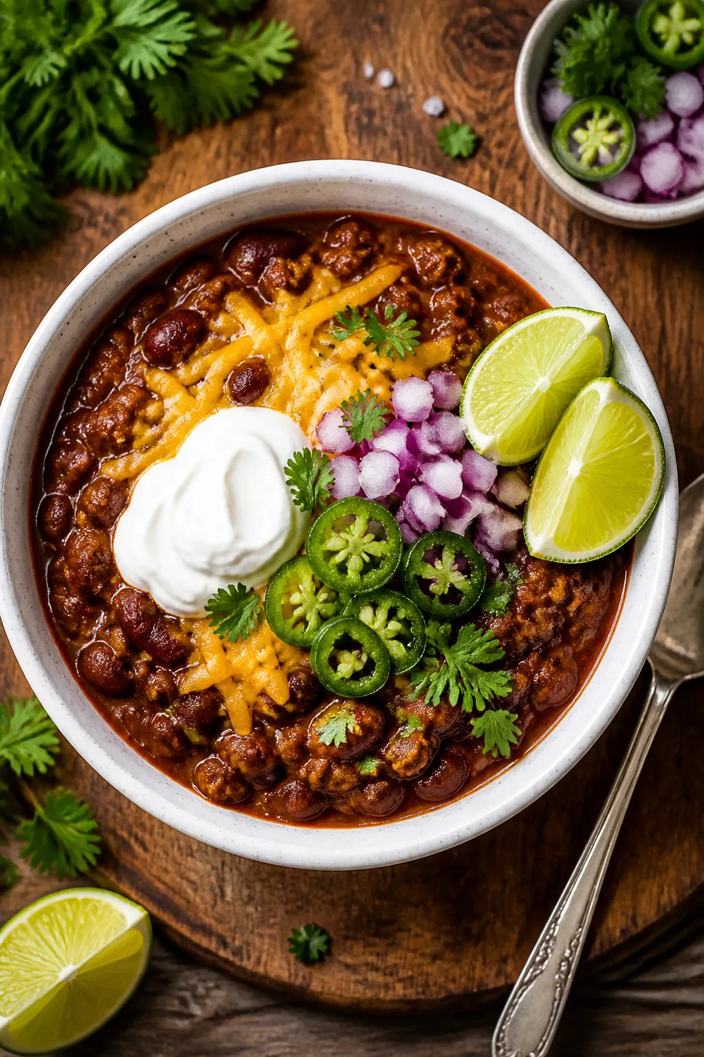 Tasty top view: Overhead shot of a finished bowl of high-protein beef chili styled for serving—ric