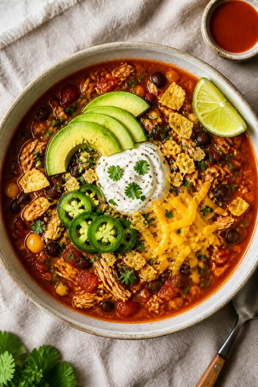 Tasty top view: Overhead shot of a finished bowl of One Pot Chicken Taco Soup, vibrant and loaded—