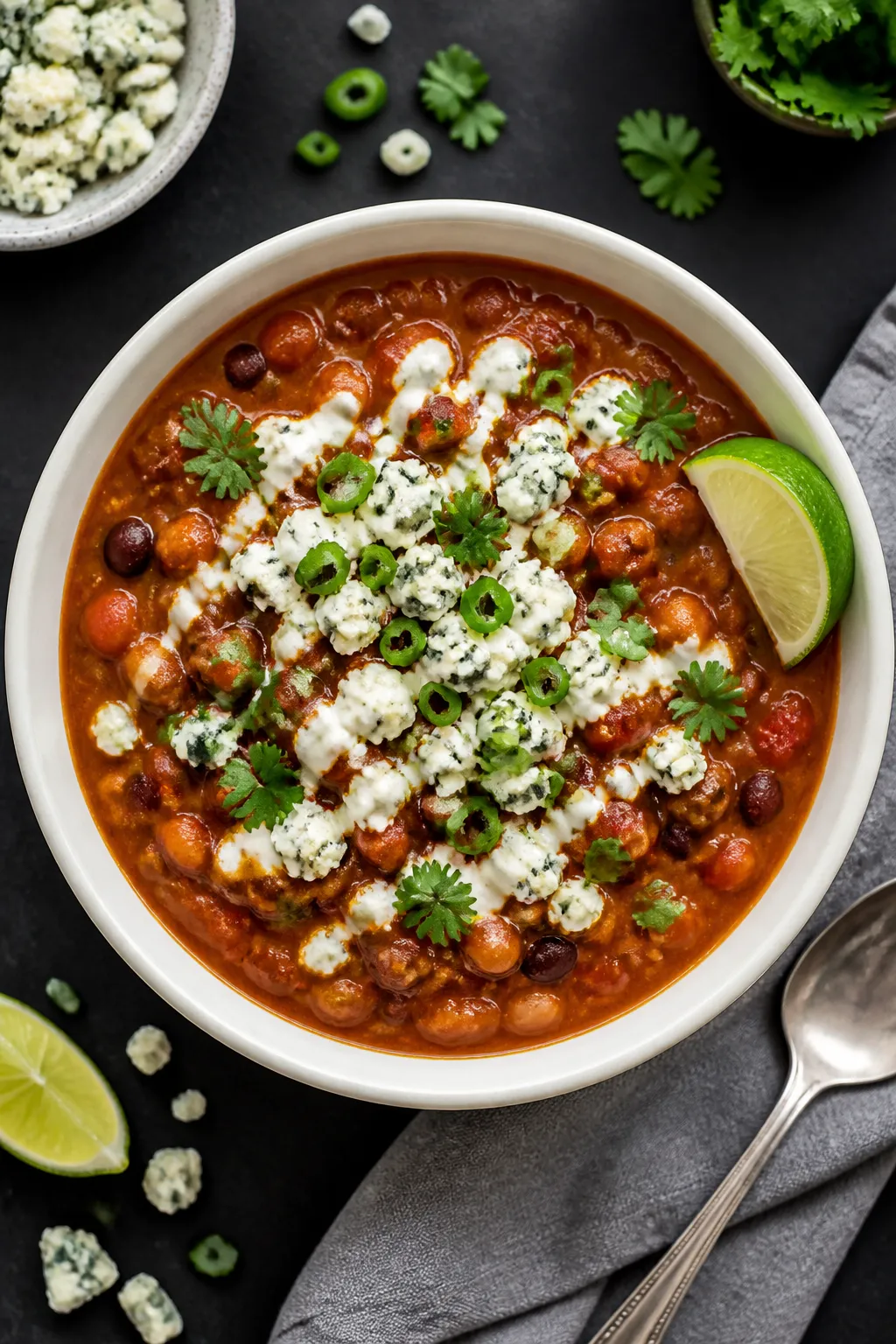 Tasty top view: Overhead shot of a hearty bowl of Crockpot Buffalo Turkey Chili with a rich, thick t