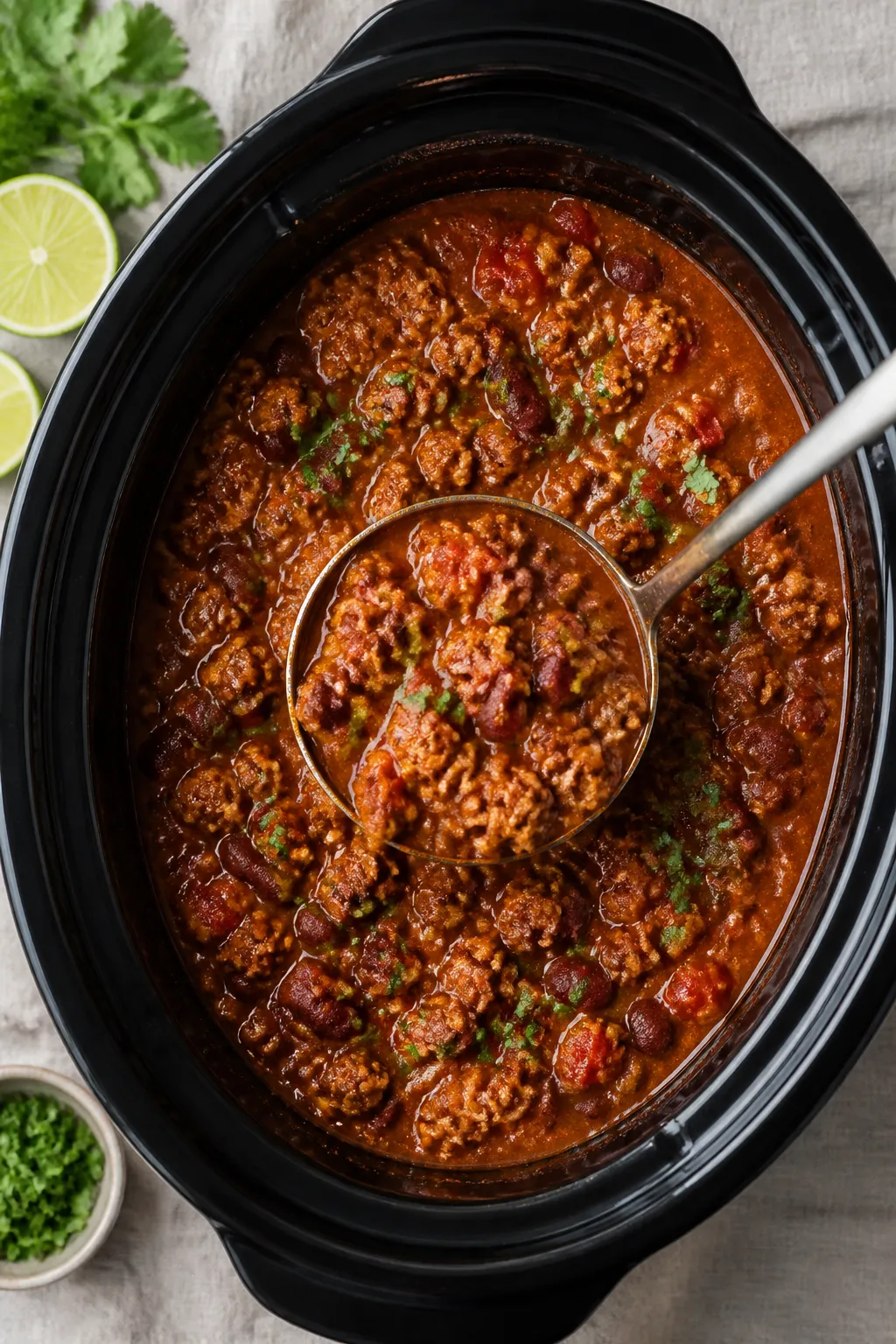Tasty top view: Overhead shot of a ladle lifting thick, finished turkey chili from the slow cooker, 