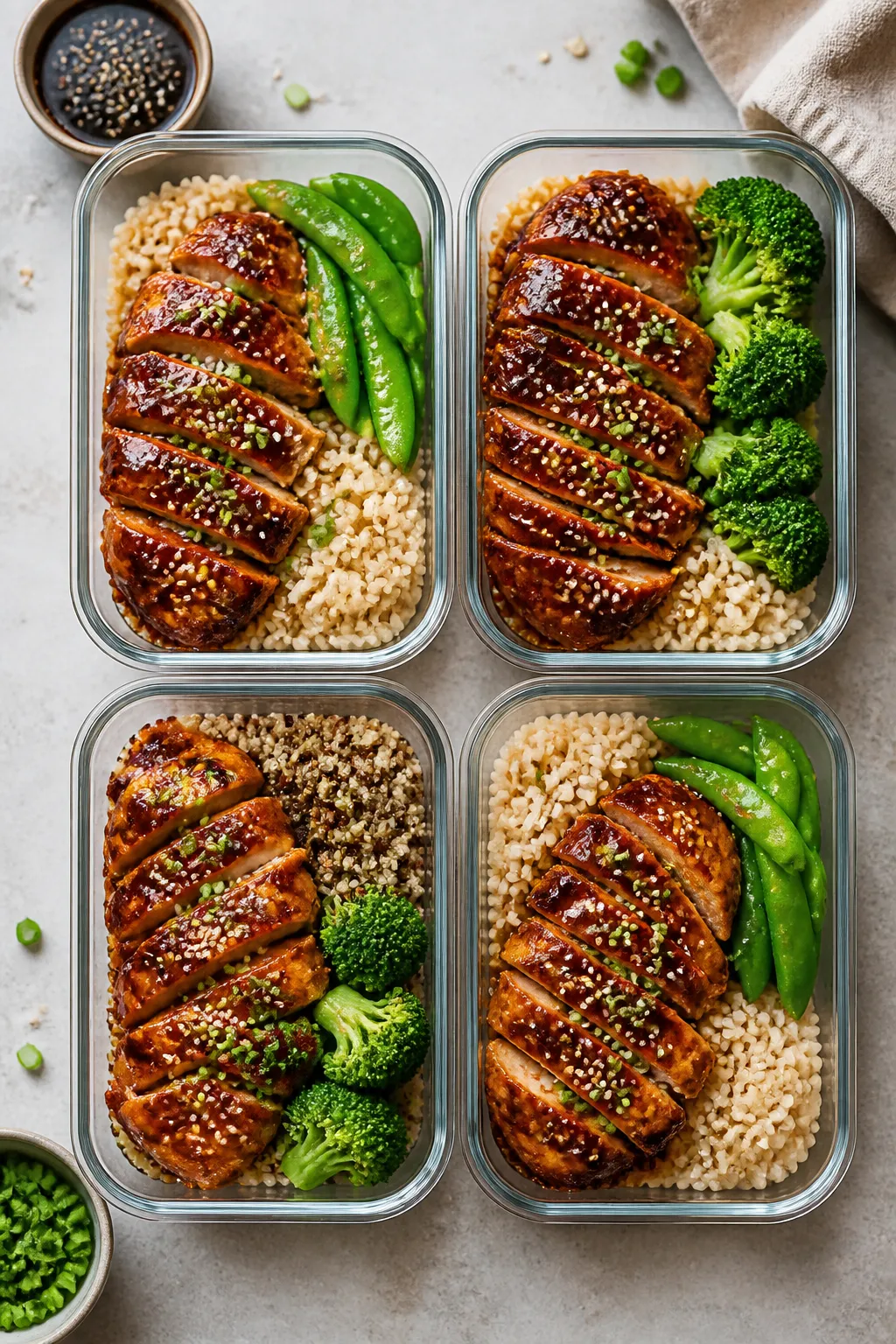 Tasty top view: Overhead shot of a meal-prep lineup—four bento-style containers filled with sauced