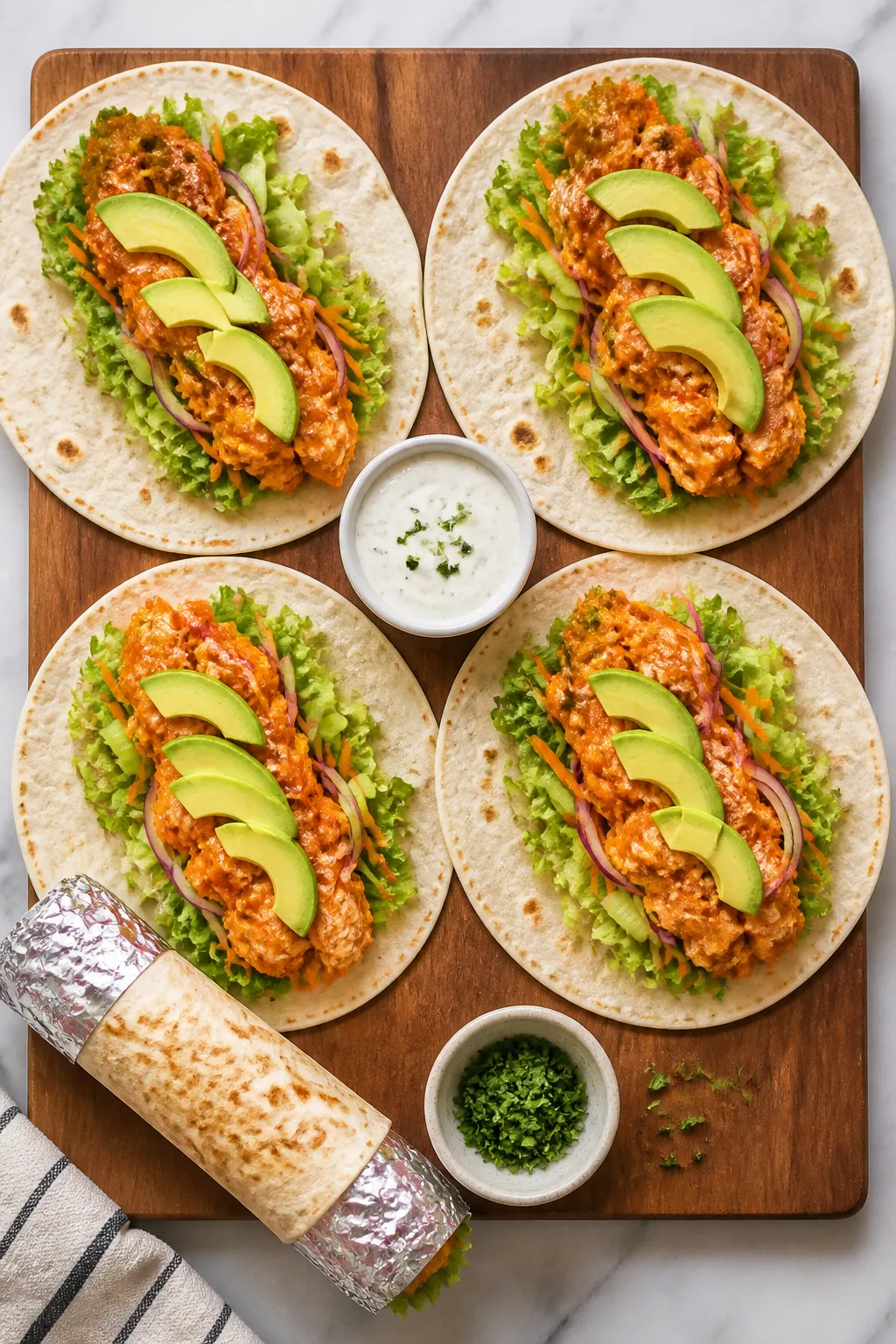 Tasty top view: Overhead shot of a meal-prep scene with four high-protein tortillas being assembled