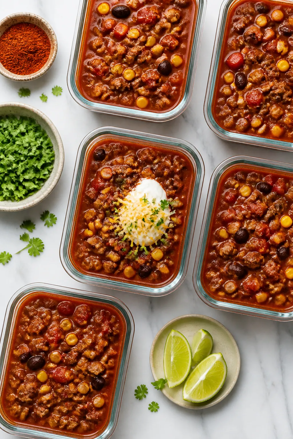 Tasty top view: Overhead shot of a meal-prep spread featuring multiple portioned containers of the f
