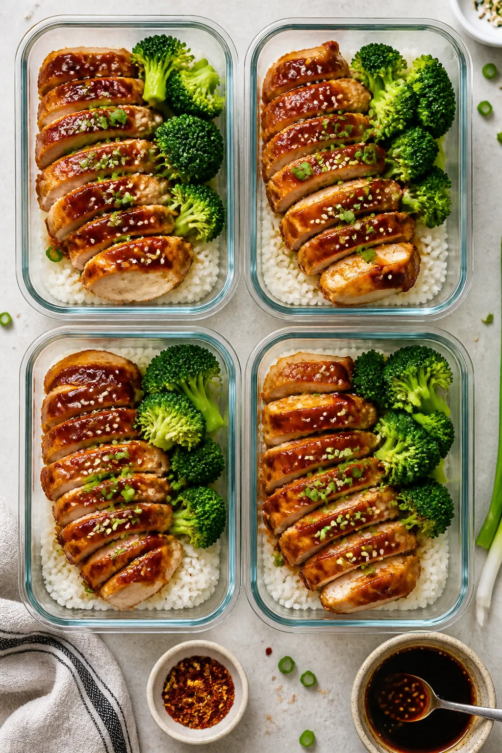 Tasty top view: Overhead shot of a meal-prep spread—four neatly portioned containers with a base o