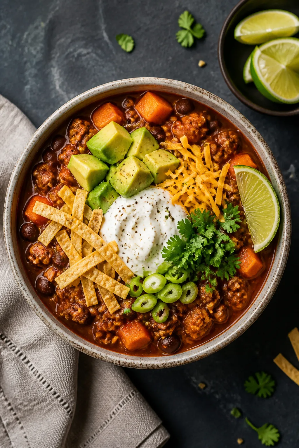 Tasty top view: Overhead shot of a rustic bowl filled with the finished turkey sweet potato chili, t
