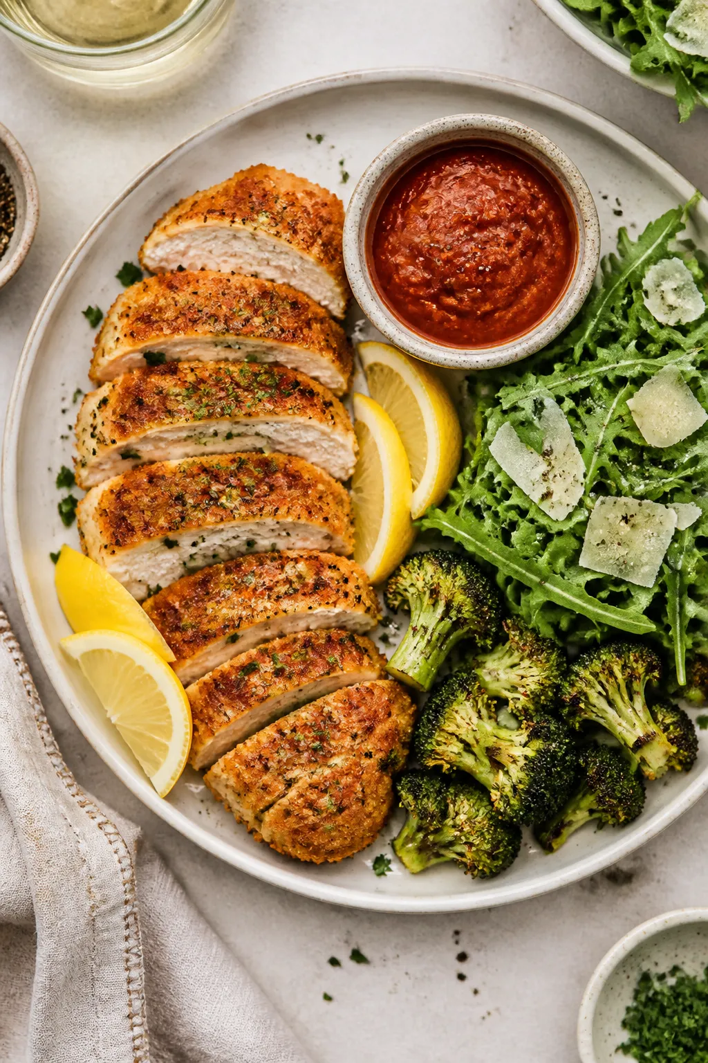 Tasty top view: Overhead shot of a serving platter of sliced Parmesan-crusted chicken cutlets arrang