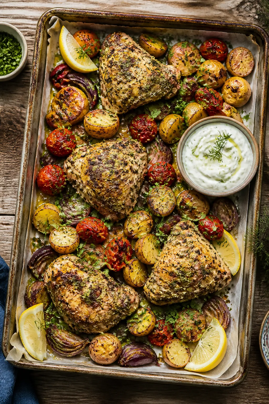 Tasty top view: Overhead shot of a sheet-pan oven roast—cooked Greek yogurt–marinated chicken th