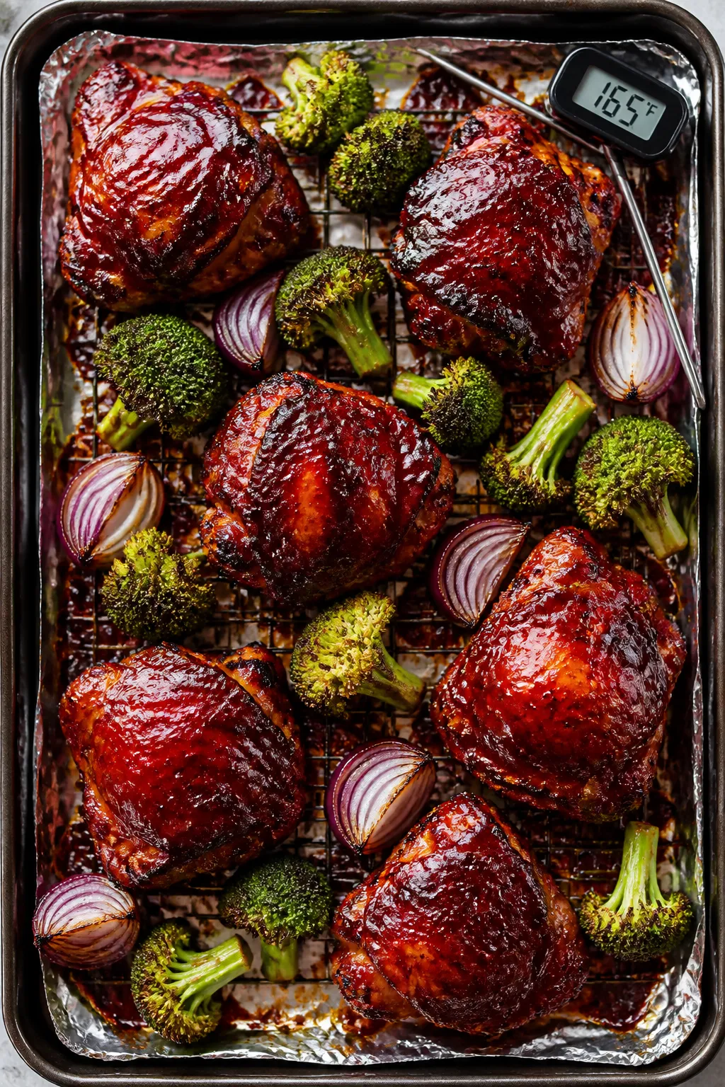 Tasty top view: Overhead shot of a sheet-pan style meal variation—roasted BBQ chicken thighs on a 