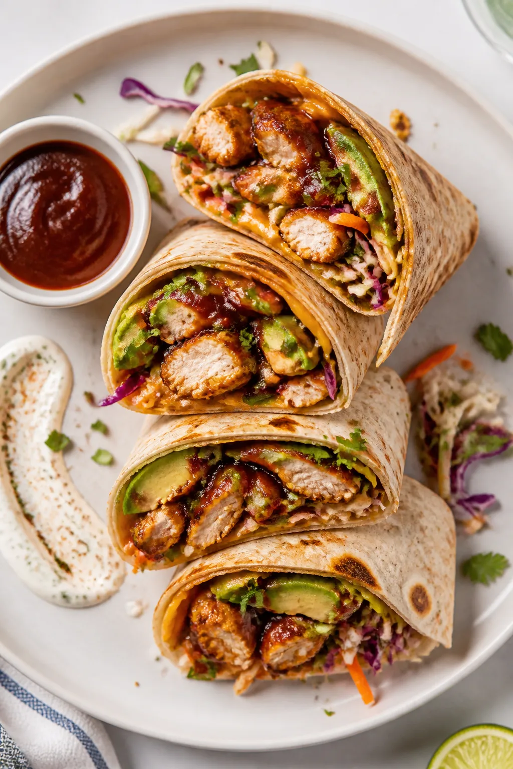 Tasty top view: Overhead shot of a sliced BBQ chicken wrap, halves slightly fanned to reveal juicy,