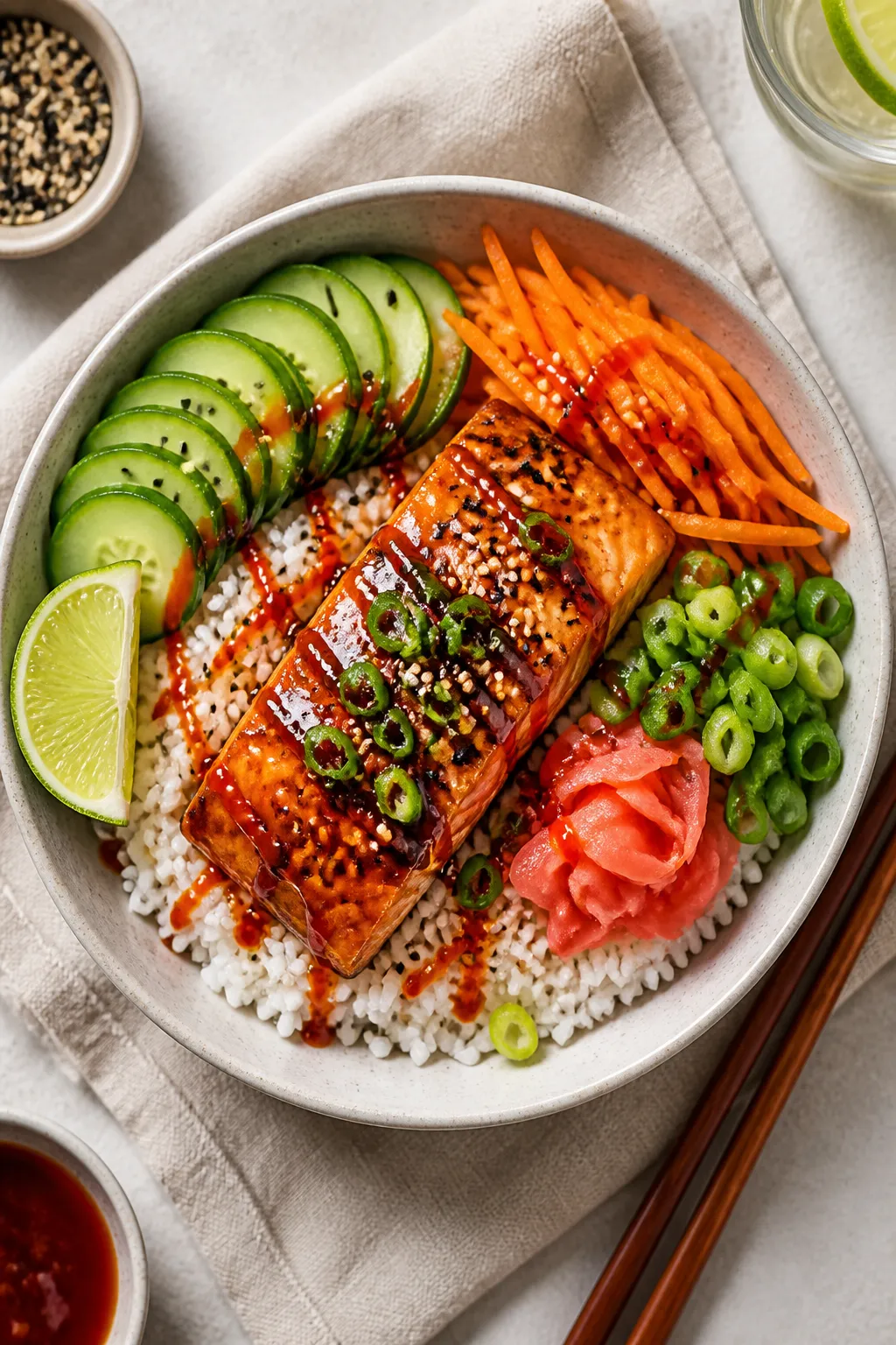Tasty top view: Overhead shot of a teriyaki salmon rice bowl—fluffy white jasmine rice topped with