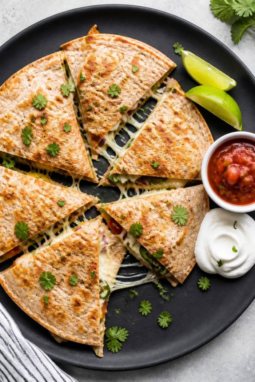 Tasty top view: Overhead shot of a whole wheat high-protein tortilla quesadilla sliced into neat wed