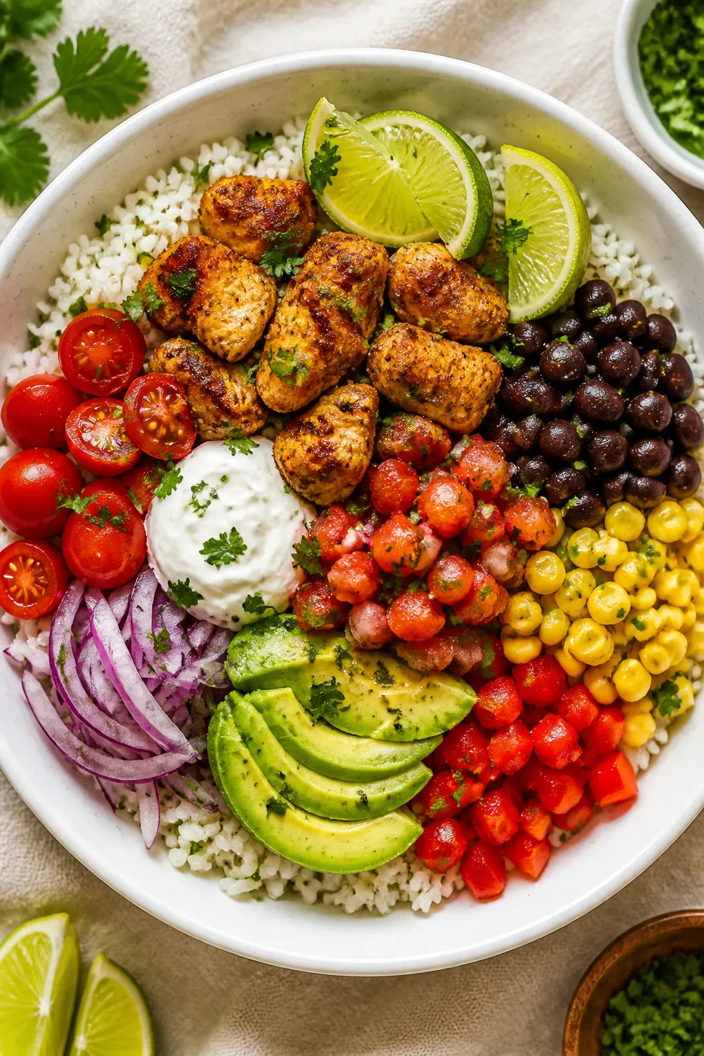 Tasty top view: Overhead shot of assembled Air Fryer Chicken Burrito Bowls—fluffy cilantro-lime ri