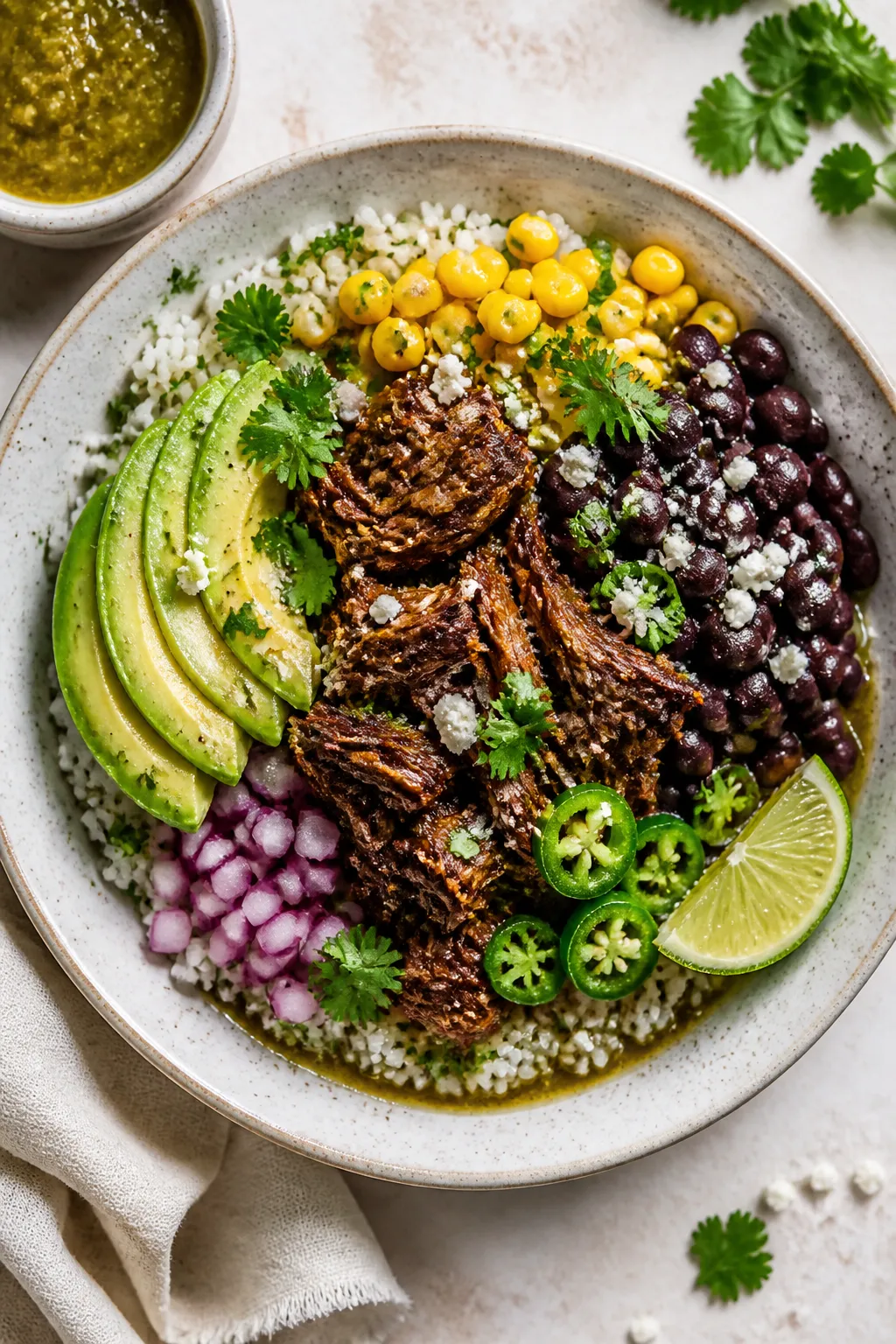 Tasty top view: Overhead shot of assembled Barbacoa Beef Bowl on a wide matte ceramic bowl—cilantr