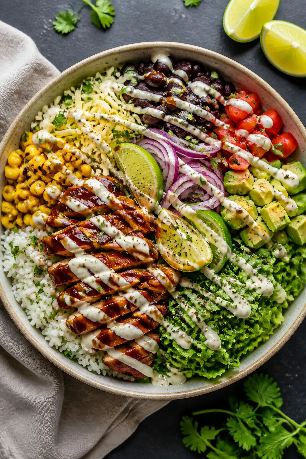 Tasty top view: Overhead shot of assembled BBQ Chicken Ranch Bowl with distinct sections—fluffy ci