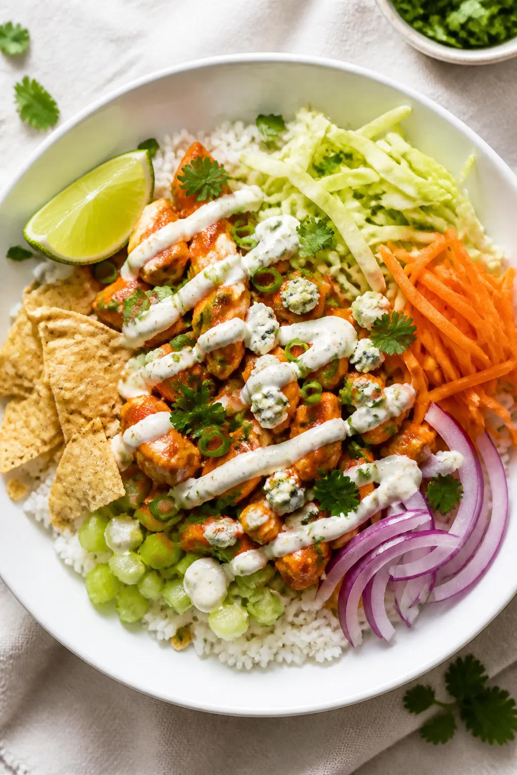 Tasty top view: Overhead shot of assembled Buffalo Chicken Rice Bowl — fluffy white jasmine rice b