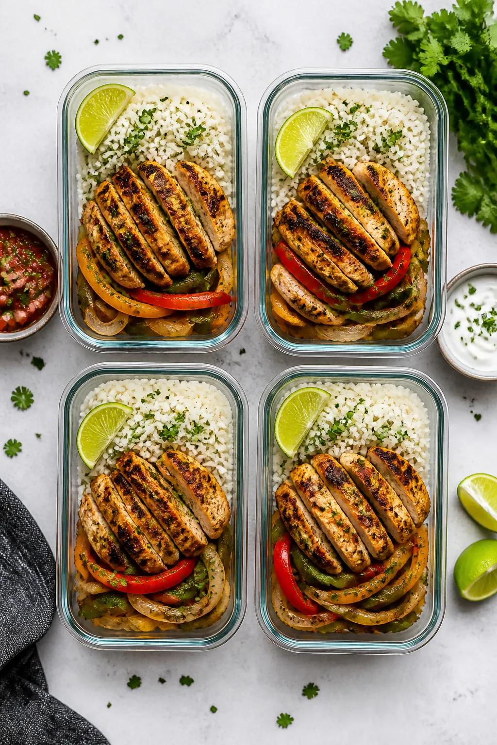 Tasty top view: Overhead shot of assembled Chicken Fajita Meal Prep Bowls—four clear containers ne