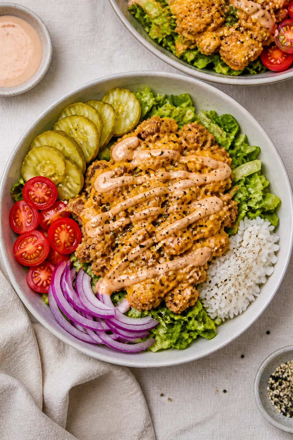 Tasty top view: Overhead shot of assembled Chicken Cheeseburger Bowls—crisp chopped romaine as the