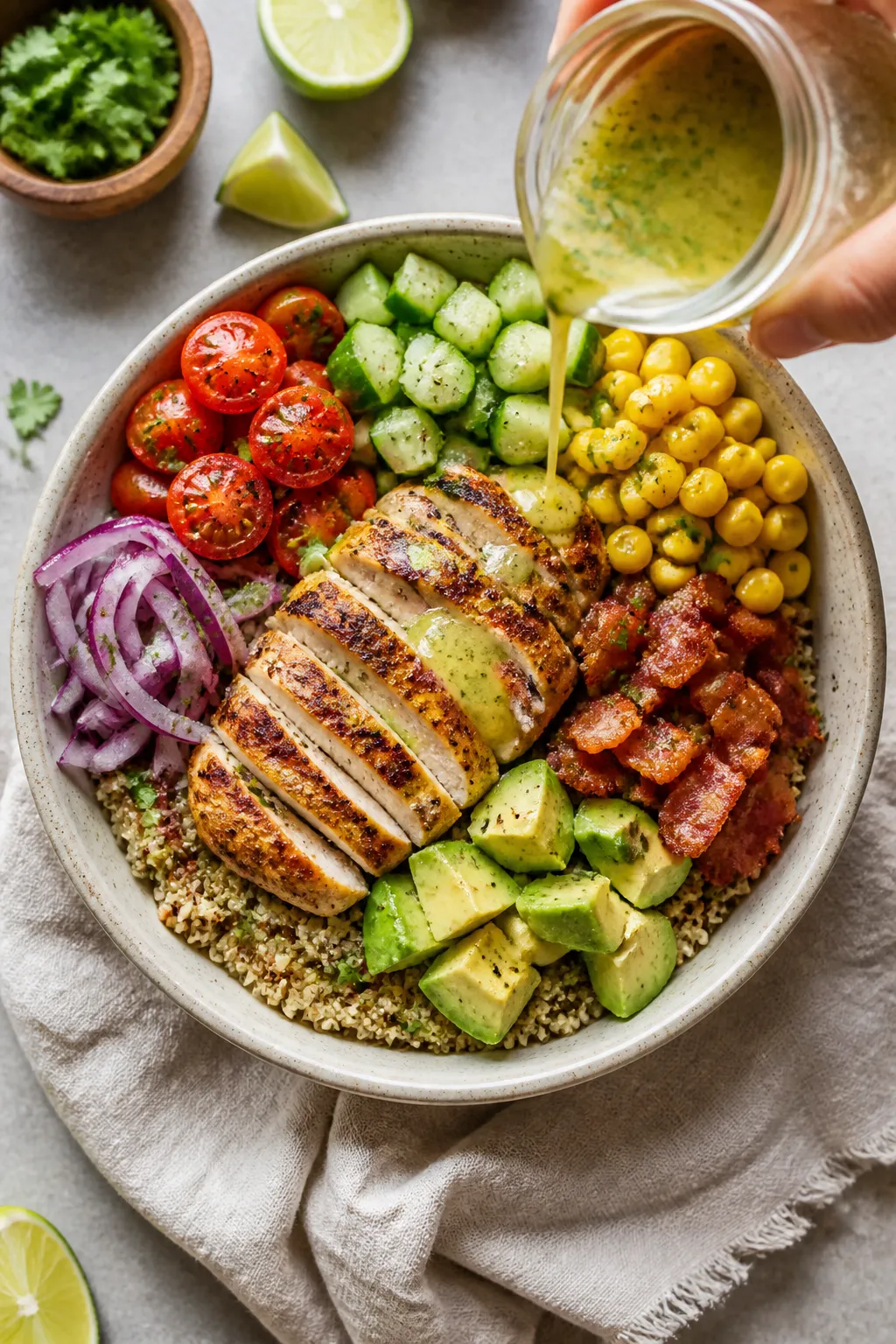 Tasty top view: Overhead shot of assembled Chicken Bacon Avocado Bowls on a neutral ceramic bowl—b