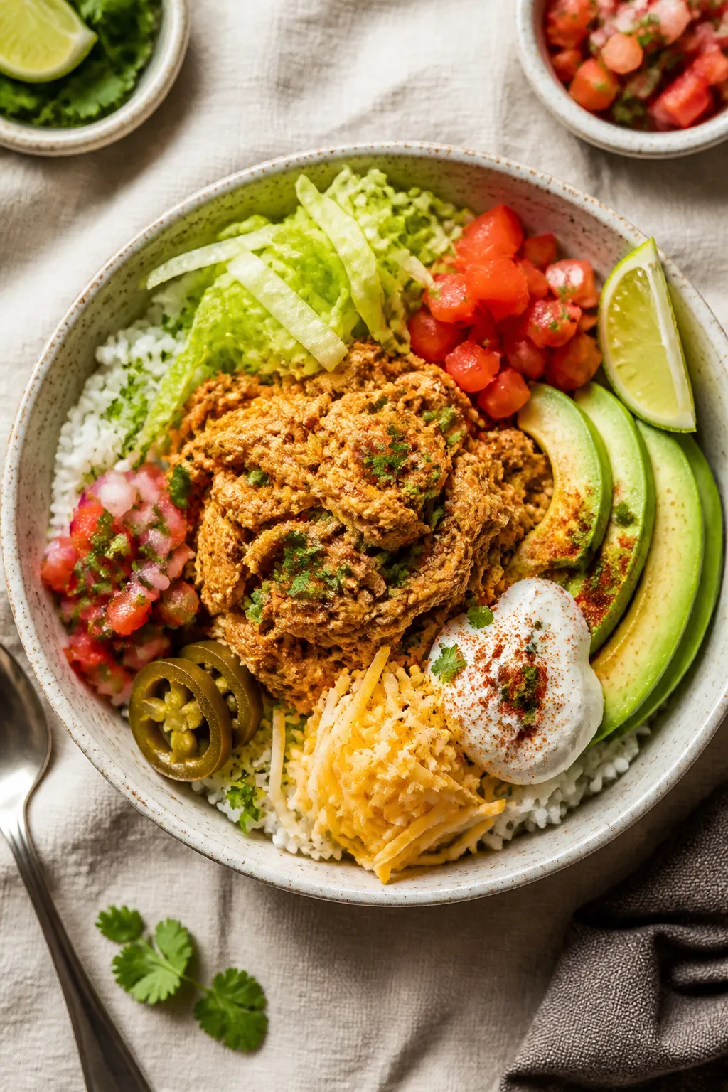 Tasty top view: Overhead shot of assembled Crockpot Turkey Taco Bowls—base of fluffy cilantro-lime