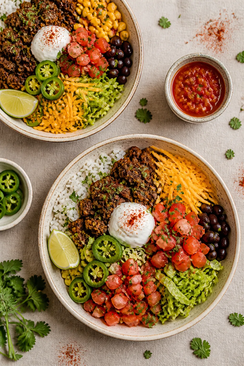 Tasty top view: Overhead shot of assembled ground beef taco bowls on a neutral linen, each bowl laye