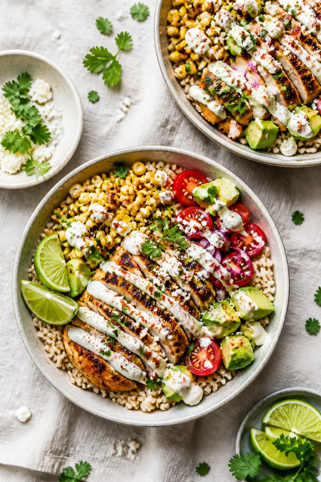 Tasty top view: Overhead shot of assembled Healthy Street Corn Chicken Bowls—brown rice base toppe