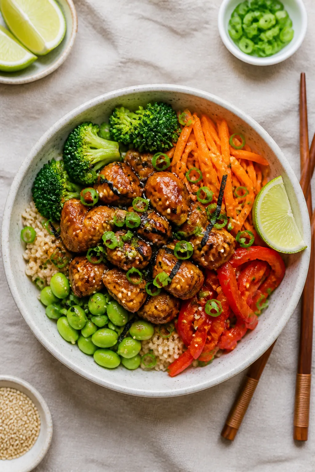 Tasty top view: Overhead shot of assembled Healthy Chicken Teriyaki Bowls—brown rice base topped w