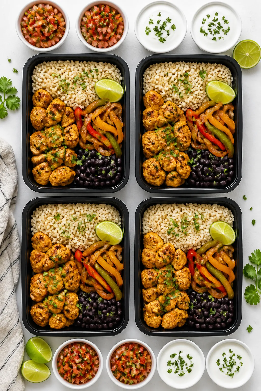 Tasty top view: Overhead shot of assembled high-protein chicken fajita meal prep bowls arranged in a