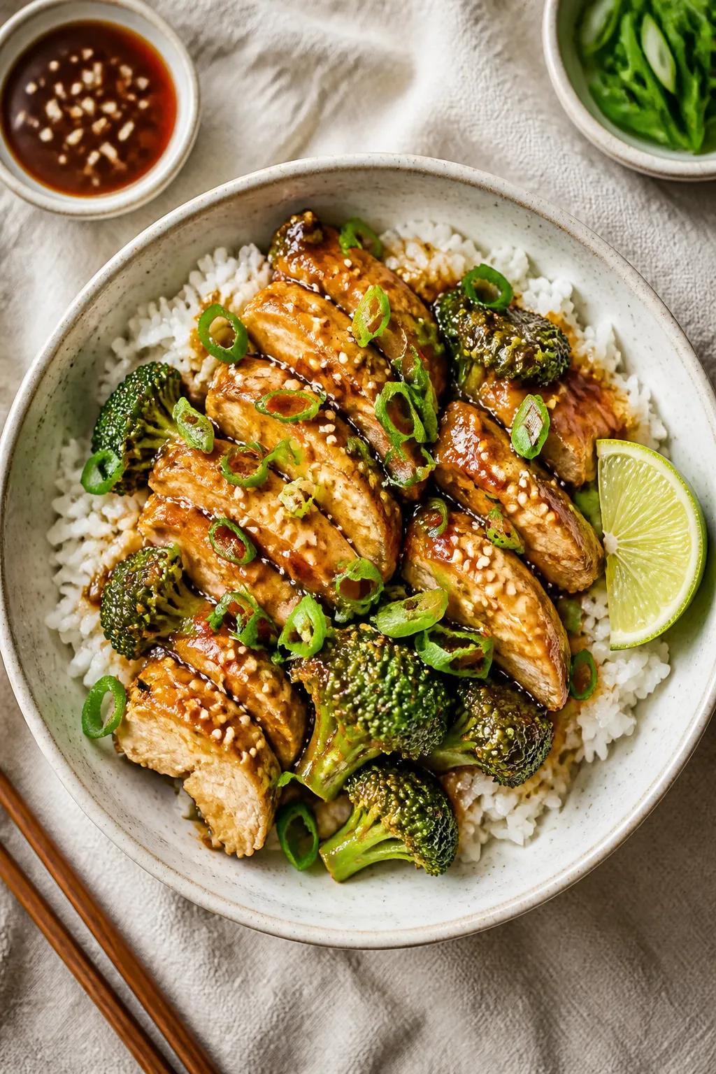 Tasty top view: Overhead shot of assembled High Protein Chicken and Broccoli Rice Bowls—fluffy whi