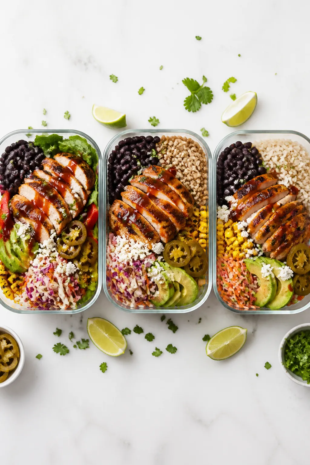 Tasty top view: Overhead shot of assembled meal-prep bowls—three neatly arranged BBQ chicken prote