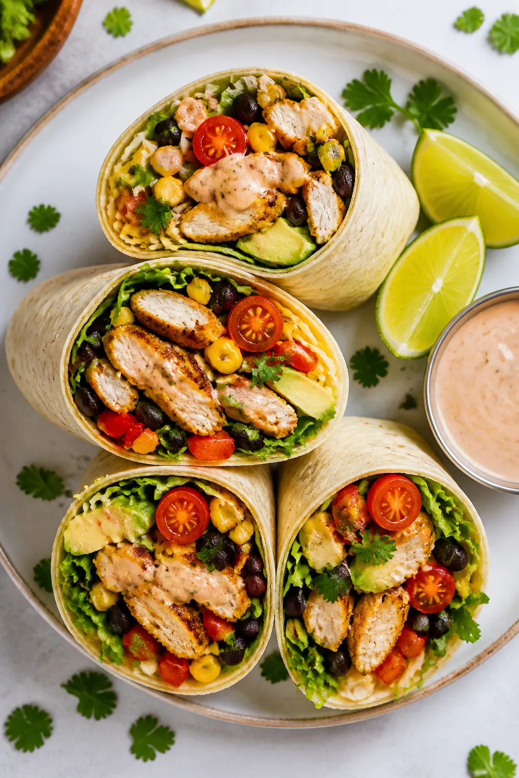 Tasty top view: Overhead shot of assembled, sliced-in-half High Protein Southwest Chicken Wraps on a
