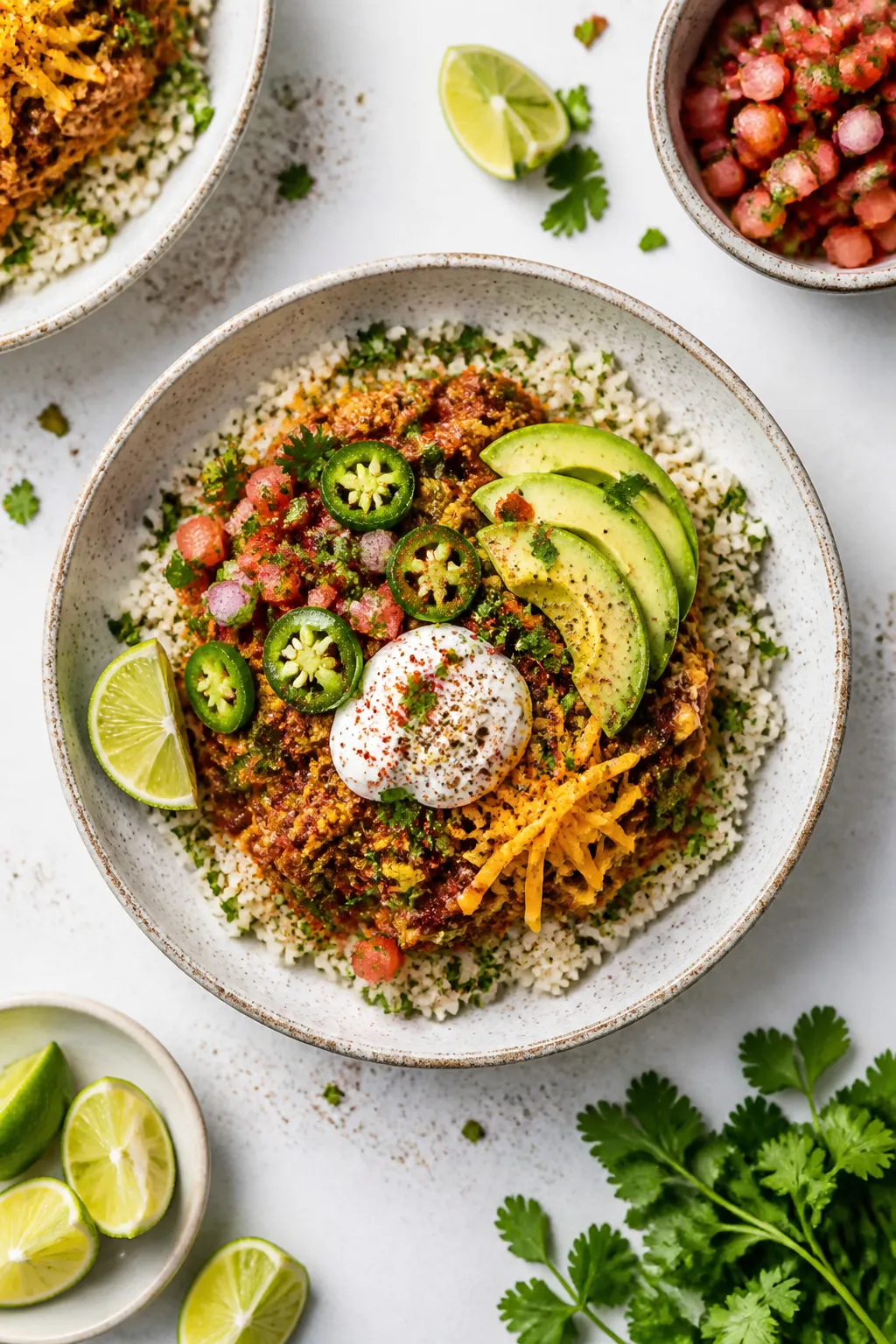 Tasty top view: Overhead shot of assembled turkey burrito bowls on a white stone tabletop—fluffy c