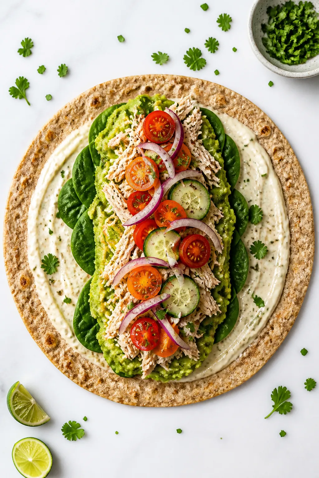 Tasty top view: Overhead shot of assembly on a warmed whole-grain tortilla spread with a glossy lemo