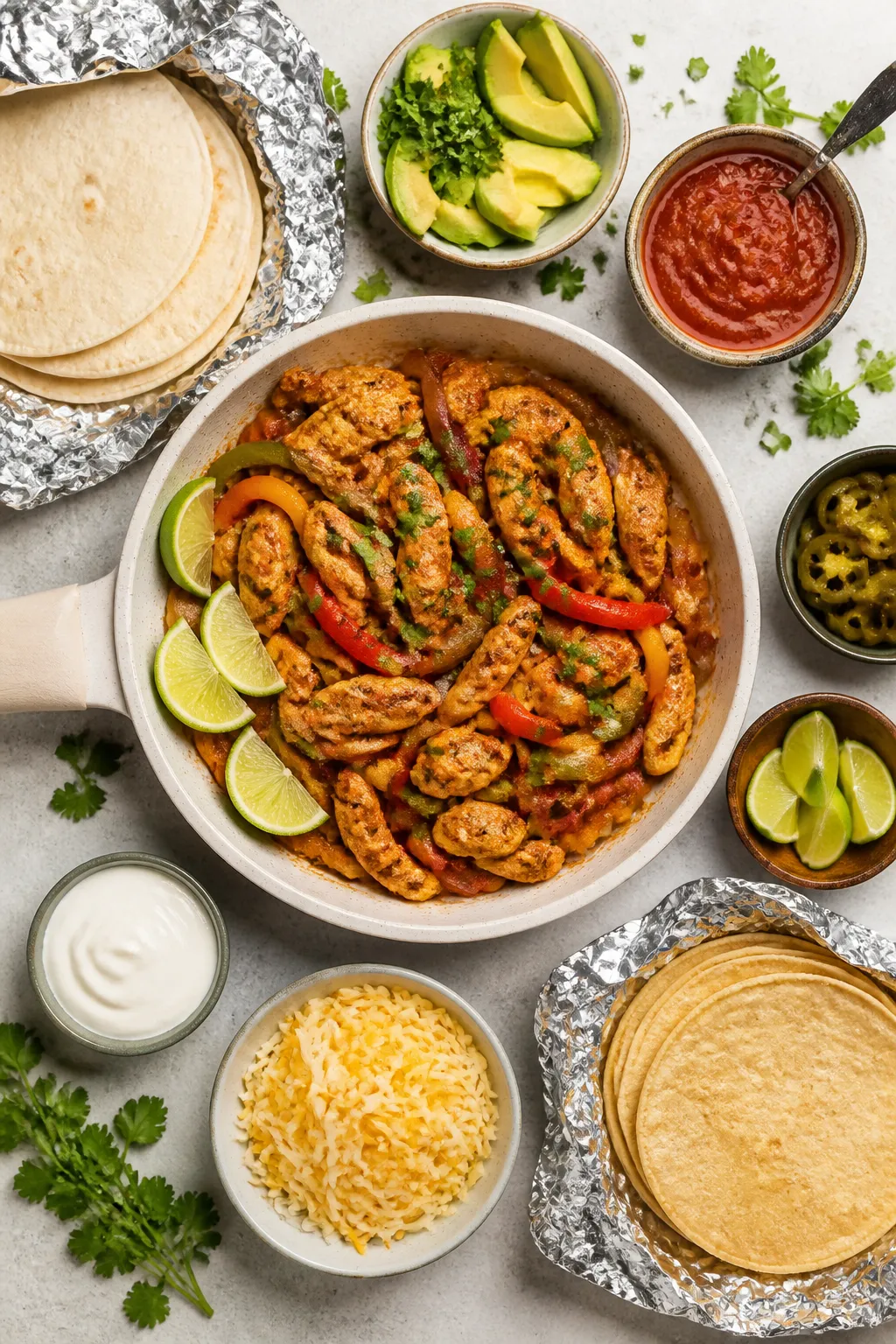 Tasty top view: Overhead shot of build-your-own chicken fajita spread—warm flour and corn tortilla