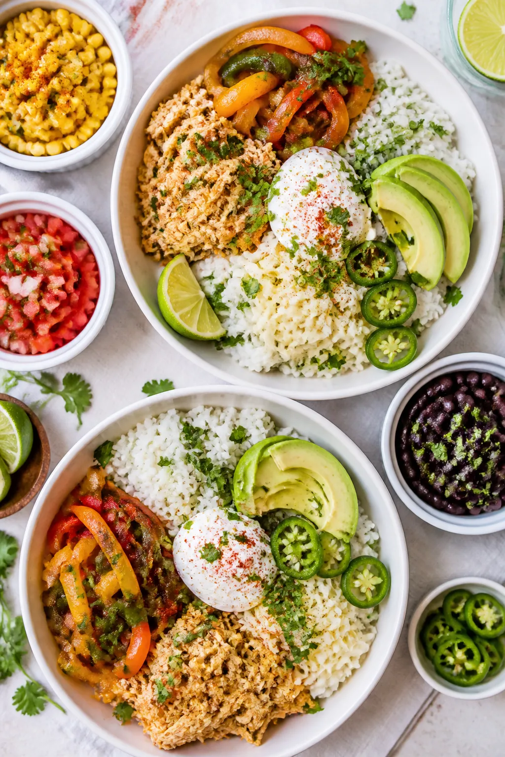 Tasty top view: Overhead shot of build-your-own fajita bowl spread—two bowls with cilantro-lime ri