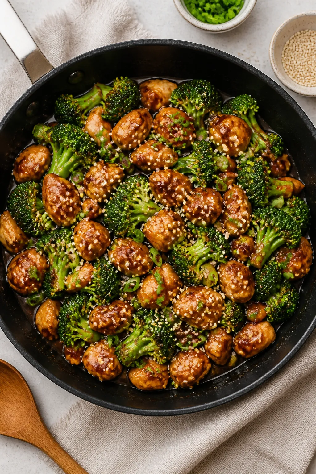 Tasty top view: Overhead shot of chicken and broccoli in a skillet right after the sauce has thicken