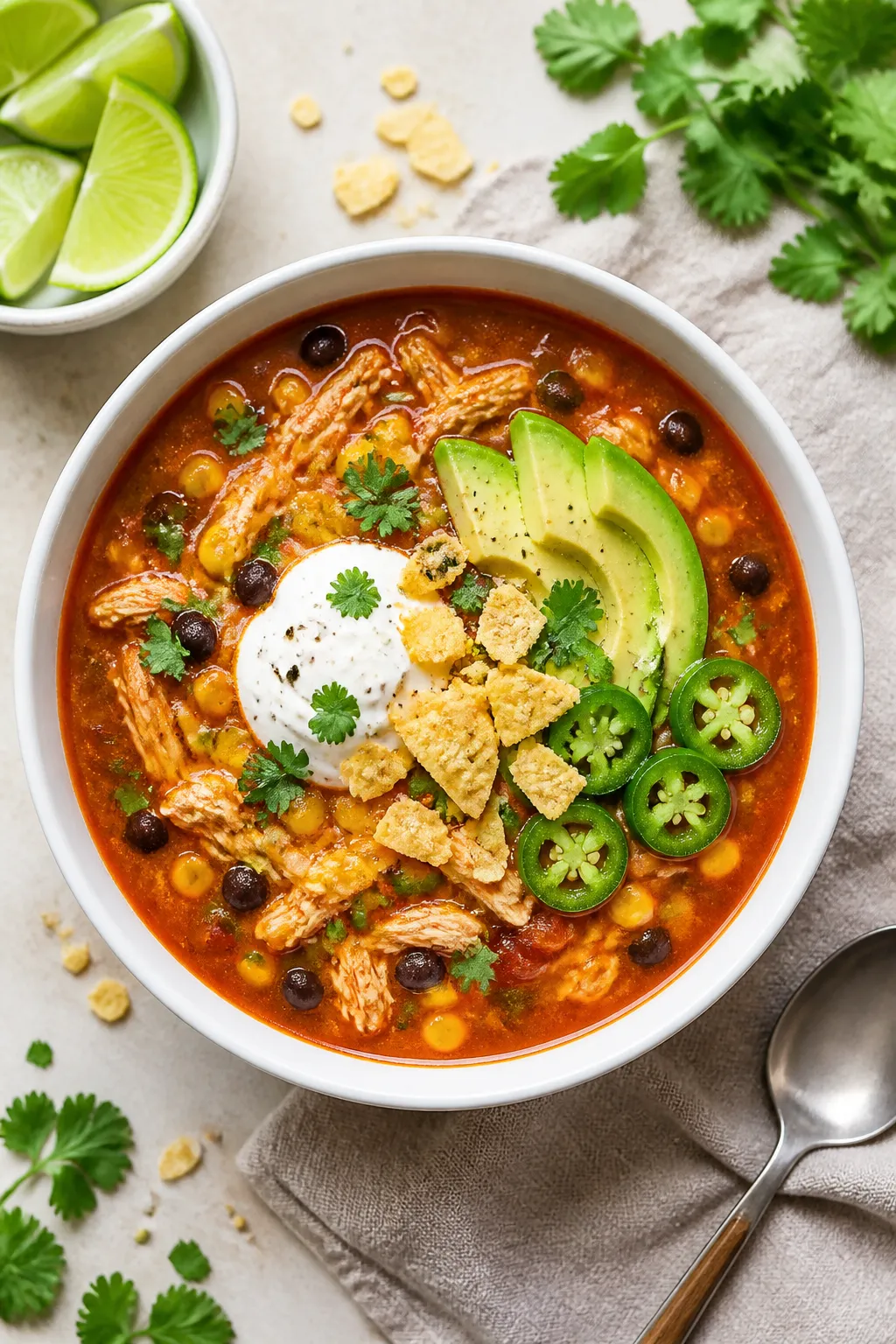 Tasty top view: Overhead shot of finished Chicken Taco Soup in a matte white bowl, vibrant colors po