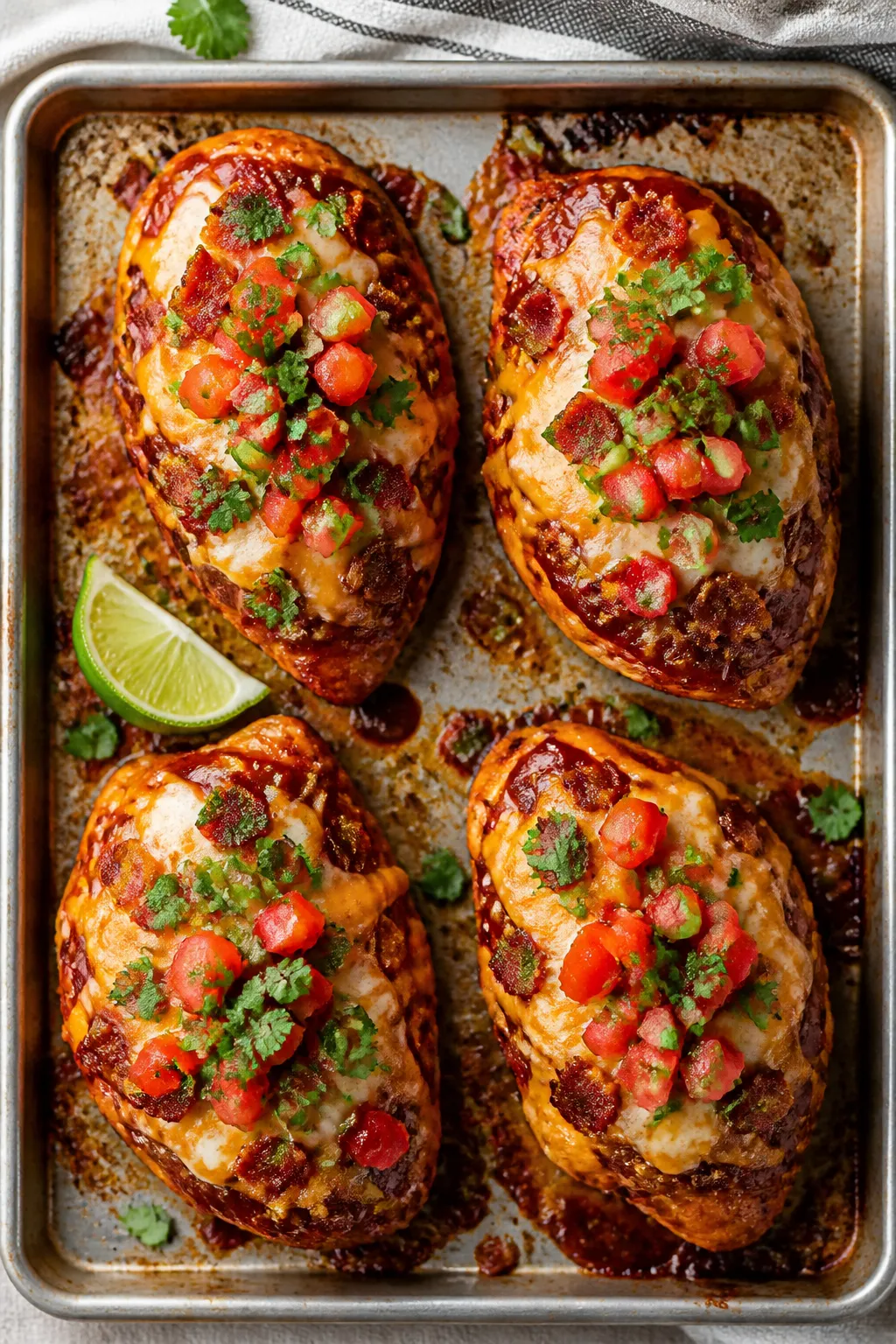 Tasty top view: Overhead shot of finished Monterey Chicken on a rimmed baking sheet straight from th