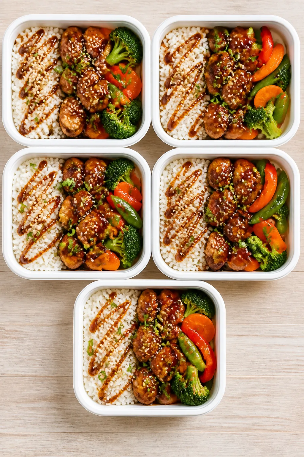 Tasty top view: Overhead shot of five meal prep bowls neatly arranged, each divided into fluffy jasm