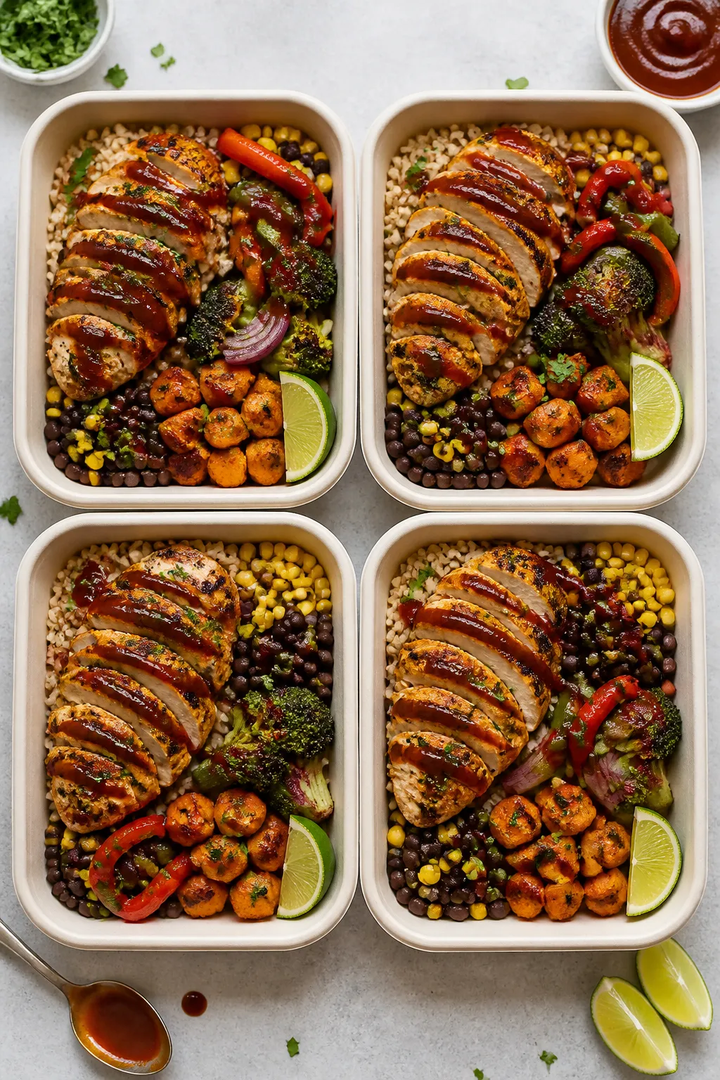Tasty top view: Overhead shot of four meal prep bowls neatly assembled—brown rice base topped with