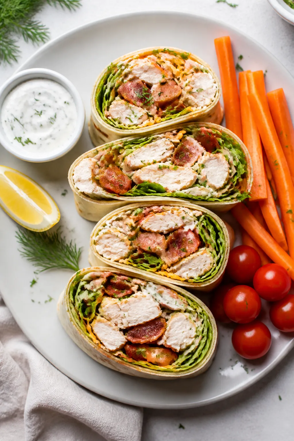 Tasty top view: Overhead shot of halved High Protein Chicken Bacon Ranch Wraps arranged on a matte w