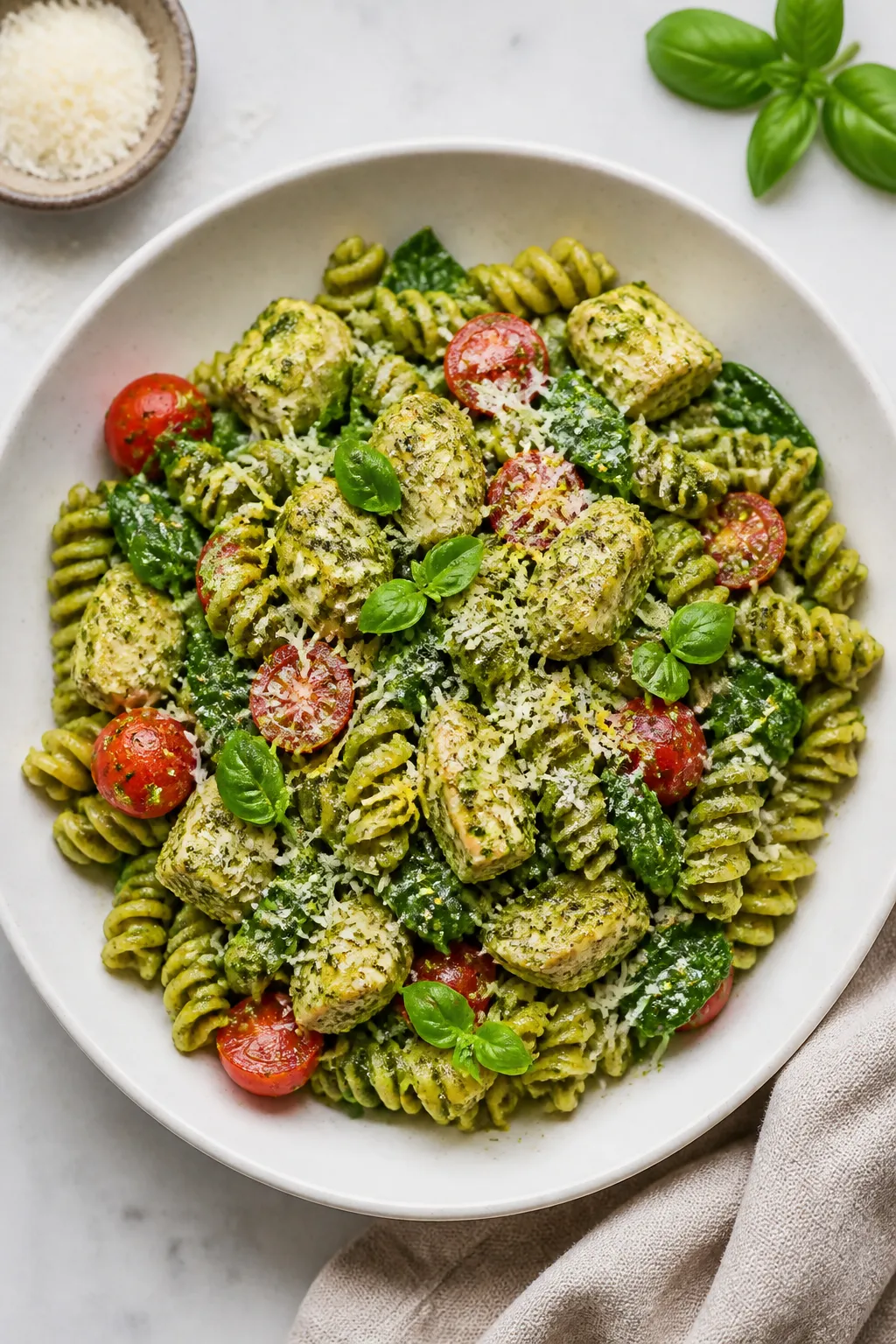 Tasty top view: Overhead shot of Healthy Chicken Pesto Pasta in a wide, shallow white bowl—fusilli