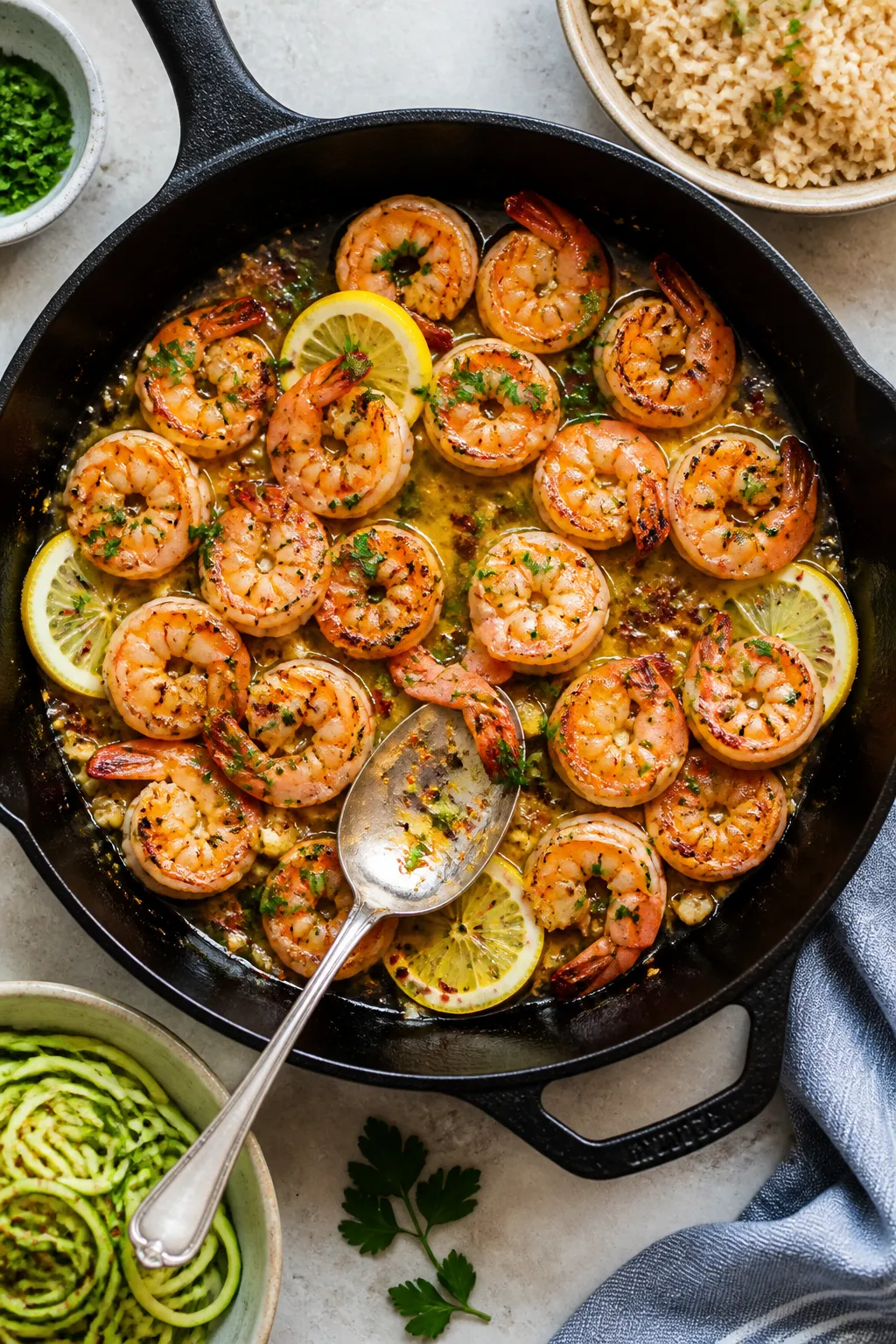 Tasty top view: Overhead shot of Healthy Garlic Butter Shrimp served family-style in a cast-iron ski