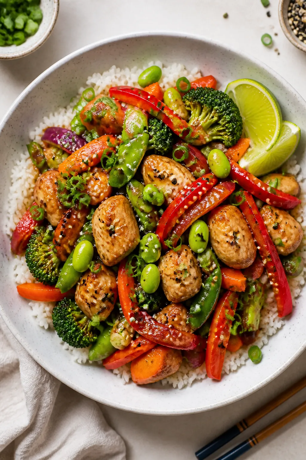 Tasty top view: Overhead shot of Healthy High Protein Chicken Stir Fry served over fluffy jasmine ri