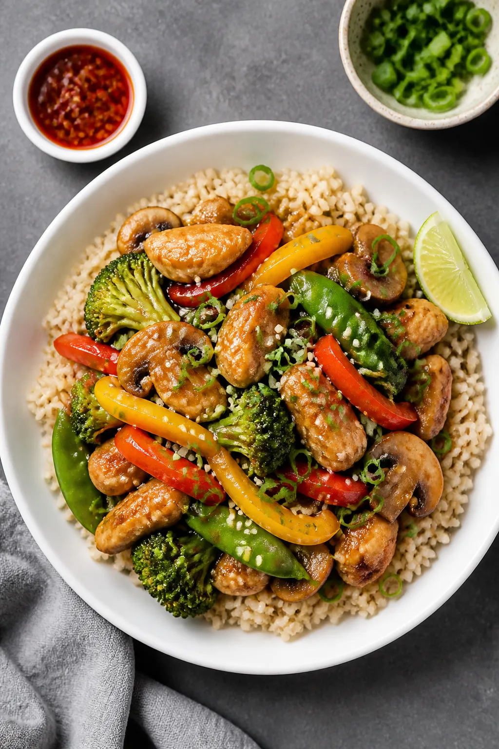 Tasty top view: Overhead shot of High Protein Chicken Stir Fry served over fluffy brown rice in a wi