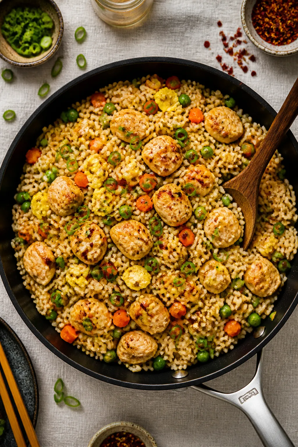 Tasty top view: Overhead shot of high protein chicken fried rice served family-style in a wide black
