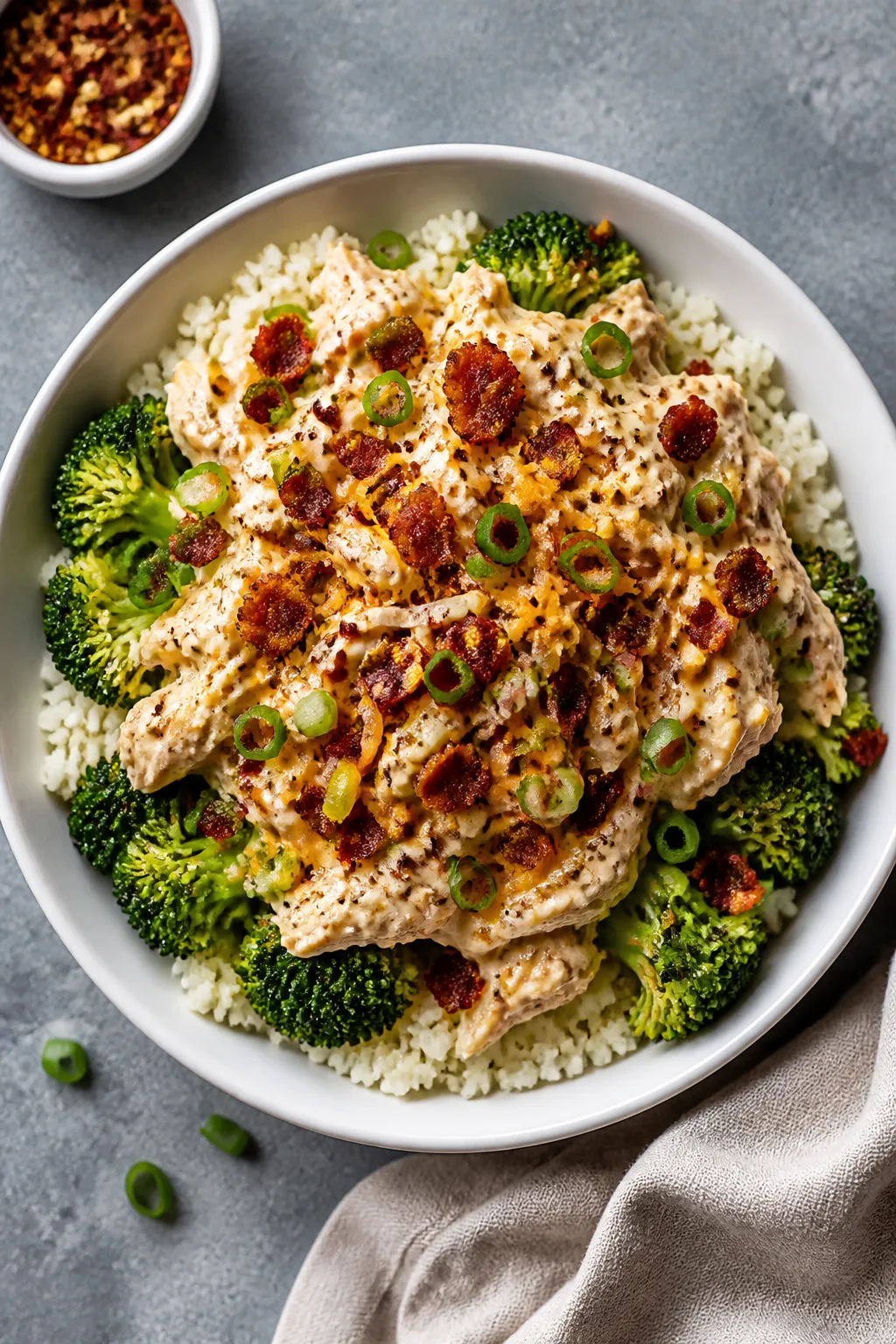 Tasty top view: Overhead shot of high-protein crack chicken bowl served on cauliflower rice and stea
