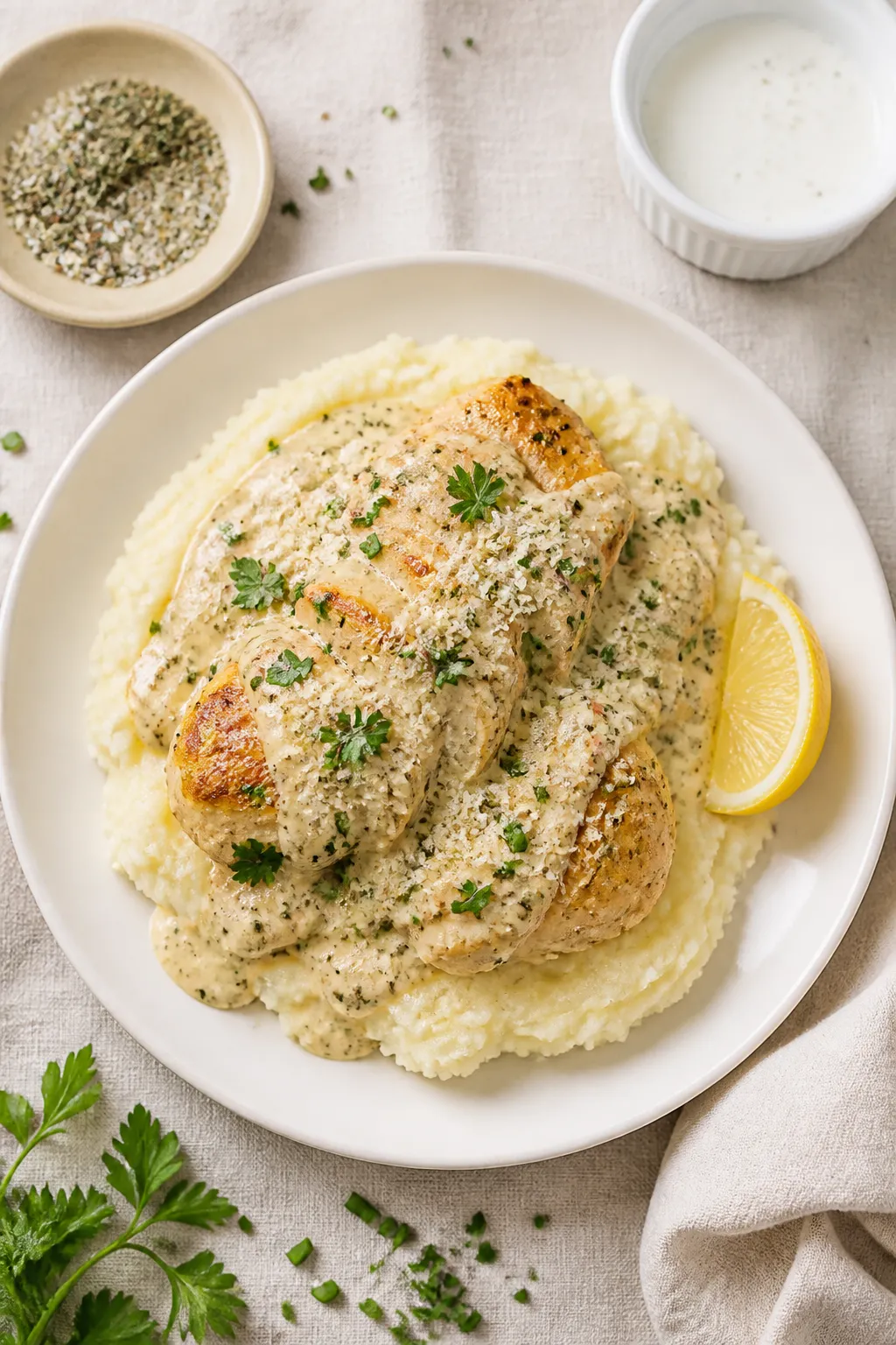 Tasty top view: Overhead shot of High Protein Creamy Ranch Chicken plated over fluffy mashed potatoe