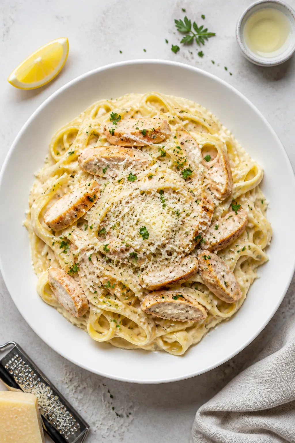 Tasty top view: Overhead shot of high-protein fettuccine coated in silky Alfredo, tossed with sliced